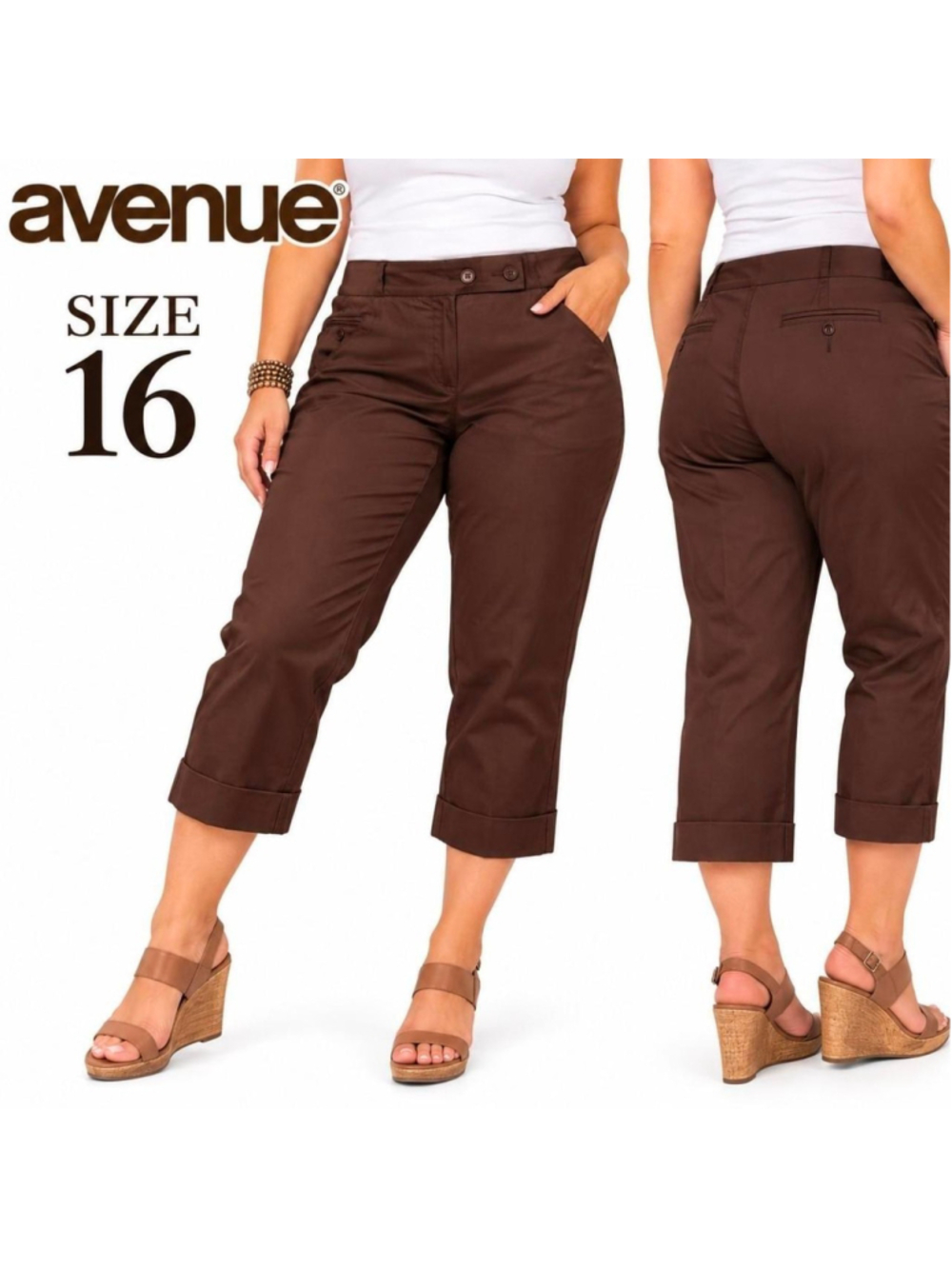 Avenue Brown Capri Pants Size 16 Stretch Cropped Trousers Y2K